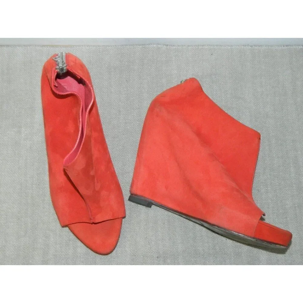 Jenni Kayne Booties Size 8 Orange Suede Cayenne Coral Open Toe‎ Zip Back Wedge